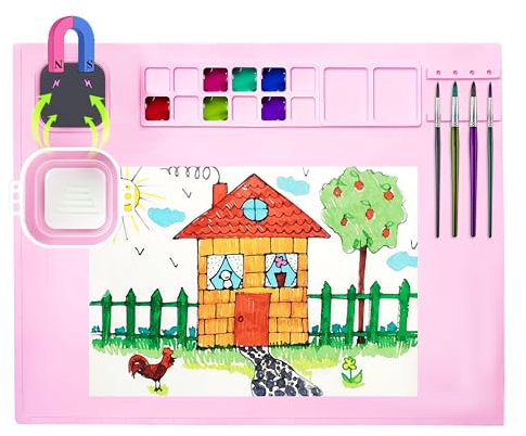 Ozwen Silicone Craft Mat with Magnetic Cup, Silicone Painting Mat for Kids Collapsible & Washable Non-Stick Sheet Crafting for Watercolour Painting & Cutting Art & Resin & Clay & DIY & Play Doh (Pink)