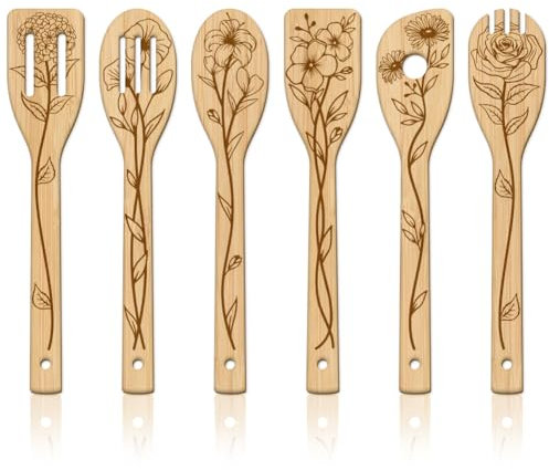 GLOBLELAND 6Pcs Floral Bamboo Cooking Utensils Wooden Engraved Cooking Spoons Set Carving Kitchen Bamboo Spatula Set Wood Cooking Spoon for Kitchen House Mother Friend Women Warming Gift
