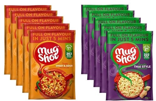 Mug Shot Instant Noodles Multipack Thai & Sweet & Sour Asian Ready Meals Food & Snack, x5 Each Flavour, Quick Meal Pasta Low Fat Calorie Noodle Bulk, Ready in 5 Min, 10 packs total + Cheeroo Magnet