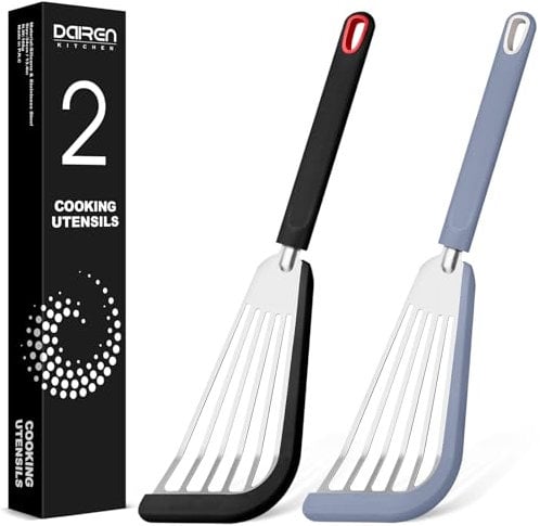 Silicone Fish Spatula Turner Set of 2, Thin Slotted Spatulas Turner for Nonstick Cookware,Heat Resistant Flexible Stainless Steel Kitchen Cooking Spatula Flipper for Fish, Egg, Pancake (BG)
