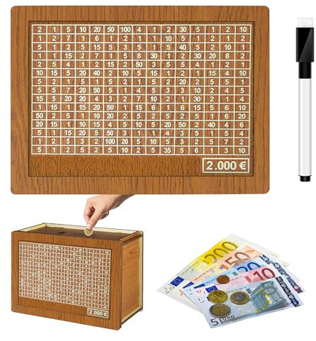 Spardose mit Zähler, Wiederverwendbare 2000 Euro Sparbox mit Zahlen Ankreuzen Spardose Holz, Sparbüchse für Erwachsene Mädchen Jungen Geburtstag Gefälligkeiten