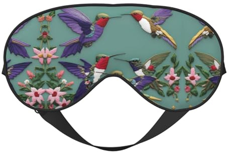 Schlafmaske mit Blumen-Kolibri-Stickereien, Seidenimitat, Entspannung mit verstellbarem Gummiband, ideal für Reisen und Tiefschlaf