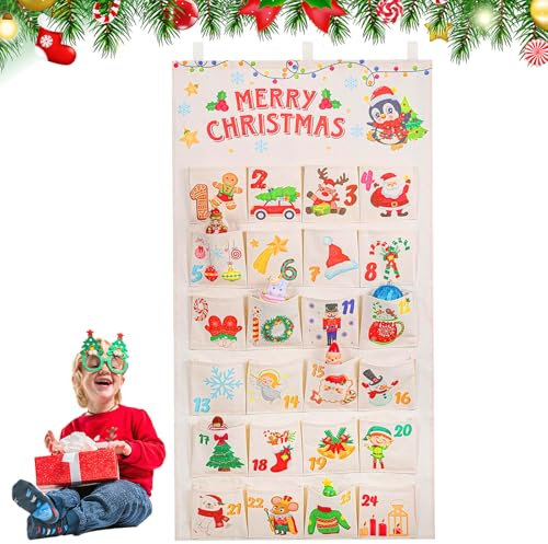Adventskalender Wandteppich Hängend AUEJACKY Weihnachtskalender Weihnachts Countdown Kalender Stoff Weihnachten Adventskalender Mit 24 Taschen Befüllen Kleiner Geschenke Für Heimdekoration