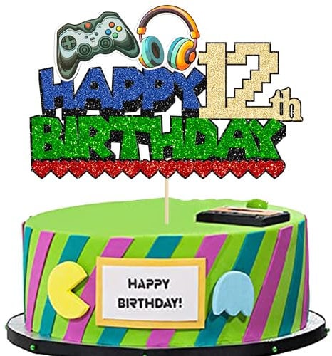Ephlyn 1Pcs Video Game Happy 12th Birthday Cake Topper Glitter Video Game Cake Pick Game On Controllers Twelve Cheers to 12 Years Cake Decoration for Happy 12th Birthday Party Supplies