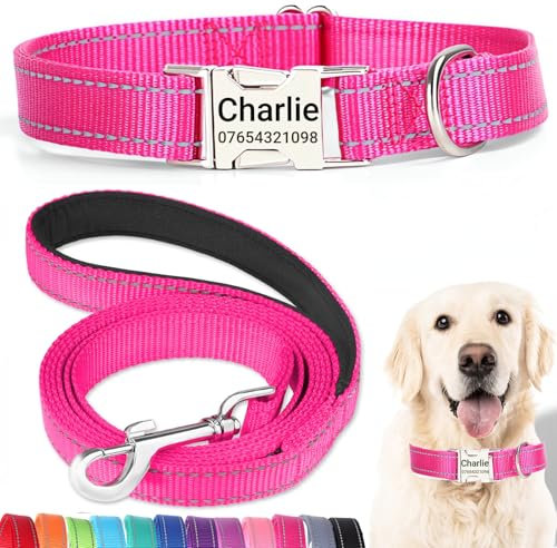 SEOUGEE Personalised Dog Collar and Lead Set with Engraved Metal Buckle, Reflective Nylon Dog Collars and Leash for Medium Dogs with Custom Name Plate Phone Number (Rose Red Set, M:Neck 35-50cm)