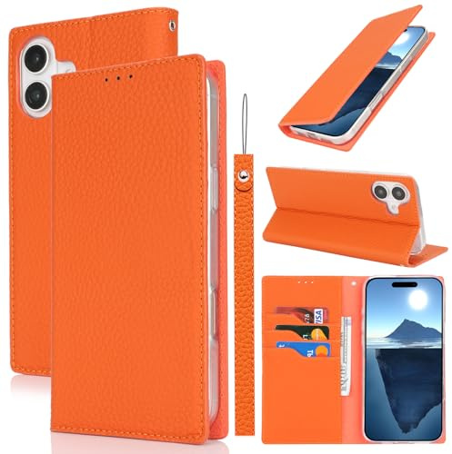 Cavor Phone Case Compatible for iPhone 16 Case,Genuine Leather Flip Wallet Case,[3 Card Holders][Magnetic][RFID-Blocking][Lanyard] Protective Case Cover Compatible for iPhone 16 - Orange