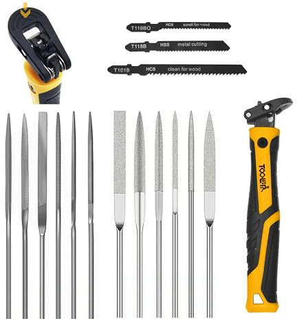 Magicbox 15 in 1 Schlüsselfeilen Set Profi, Austauschbares Multitool mit 12 Nadelfeilen + 3 Säbelsägeblättern für Holz, Speckstein & Metall, Mini Metallfeilen für Modellbau, Professionelles Feilenset