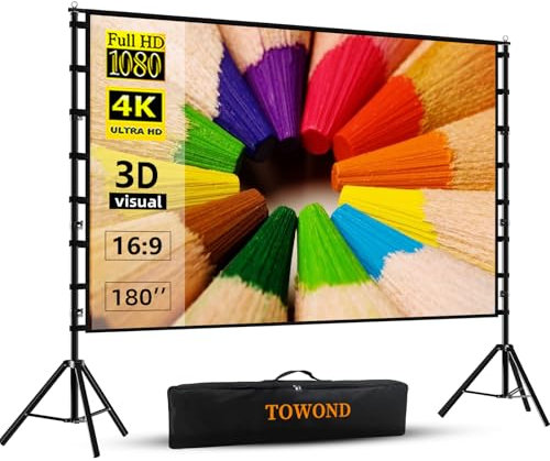 TOWOND Projector Screen and Stand, 180 inch Projector Screen Outdoor 16:9 HD Rear Front Projection Screen with Carry Bag Wrinkle-Free Thickened brackets Design for Backyard Movie Night