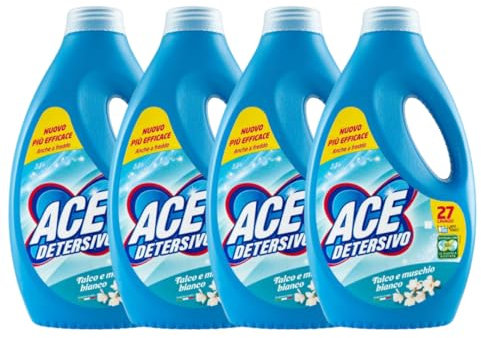 Ace Detersivo Liquido Igienizzante, Confezione da 4 Flaconi da 1350ml, Totale 108 Lavaggi, Formula Potente per la Rimozione delle Macchie, Profumo Fresco (Talco e Muschio Bianco)