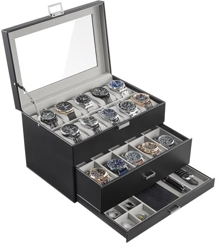 ProCase 3 Ebenen Uhrenbox Uhrenkoffer Watch Box mit 20 Fächern | Außenmaterial aus PU, Innenfutter aus Samt, Schmuckaufbewahrung mit Schublade