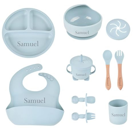 Personalisiertes Silikon-Baby-Essset mit Namen, individuelles Baby-Selbstentwöhnungsset, Selbstfütterungsgeschirr mit Löffel, Gabel, Silikon-Saugnapfschale, Tasse, Teller Graublau
