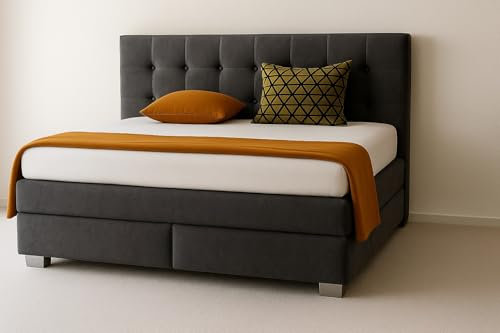 A&J MöbelLand Boxspringbett Verona 120 x 200 cm mit Zwei 7-Zonen-Taschenfederkernmatratzen und gepolstertem Kopfteil. Farbe: Anthrazit