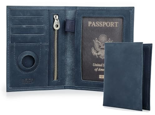 CONTACTS Portefeuille Passeport en Cuir véritable avec Blocage RFID pour Homme, Fente pour AirTag, Organisateur de Cartes, Pochette Mince pour Voyage en Famille, Bleu-S, Rétro