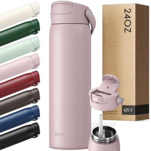 KIVY Botella de acero inoxidable con pajita de 700ml - 24h frío | 12h caliente - A prueba de fugas y apta para lavavajillas - Botella deportiva aislada - Botella térmica - Botella de agua de acero