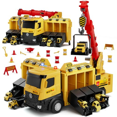 Lehoo Castle Construction Truck Toy Set, Gift for 3-7 Years Old Boys Girls | Extendable Crane, 6 Mini Digger Toy Cars, Realistic Sounds & Lights, Birthday Christmas Gift for Kids, Easy to Store