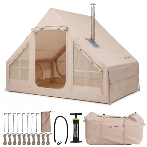 COSTWAY Aufblasbares Zelt 4 Personen, Campingzelt mit 2 Türen, Mesh-Fenstern & Kaminöffnung, Luftzelt mit Luftpumpe & Tragetasche, Glamping Zelt aus Oxford-Stoff für Familie & Outdoor