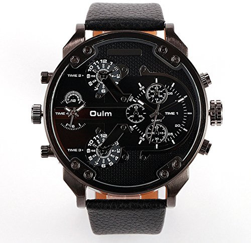 FENKOO Männer Dualzeit Militäruhr Aviator-Design große Zifferblatt Lederband