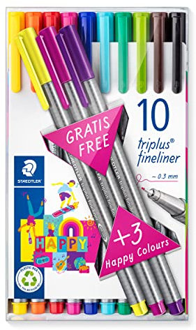 STAEDTLER Fineliner triplus Promotion Set, ergonomischer Dreikantschaft, superfeine 0,3 mm Spitze, lange Lebensdauer, 10 + 3 Fineliner in sortierten Farben + Happy Farben, 334 TB13