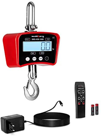 Steinberg Systems - Kranwaage Hängewaage (1.000 kg / 0,2 kg, kg/lbs Gewichtseinheitenwechsel, Aluminiumdruckguss, Akku 6V/4Ah, LCD) Rot