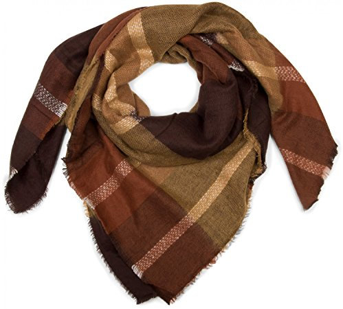 styleBREAKER quadratischer XXL Schal kariert, Decken Schal mit Karo Muster und Fransen, warm und weich, Unisex 01018139, Farbe:Senf-Dunkelbraun