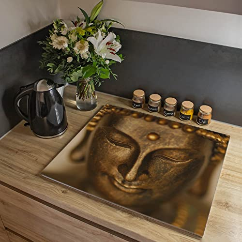 banjado Herdabdeckplatte Glas einteilig 60x52cm - Schneidebrett Herdabdeckung - Herdabdeckplatten Ceranfeld - Schneidebrett Glas - Motiv Buddha Gold