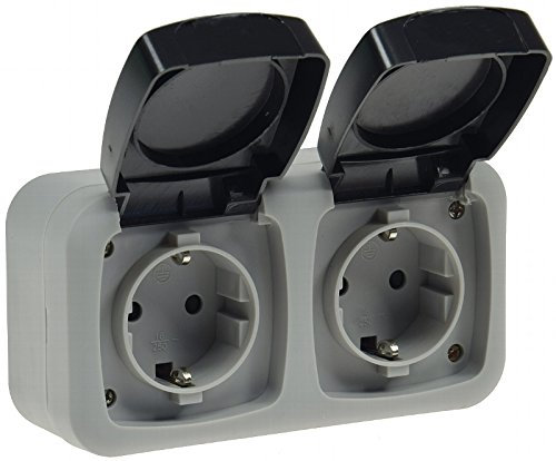Feuchtraum Steckdose 2x Schuko. Aufputz-Steckdose für 250V/50Hz, max. 16A, IP44. Stabile Doppel-Steckdose Schuko grau für Keller, Garage, Waschküche.