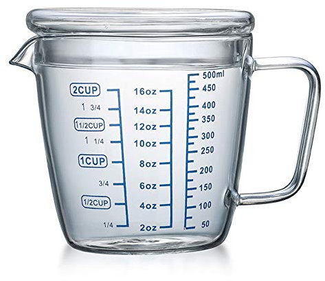 TAMUME Verres Doseur 500ml Pichet à Mesurer en Verre Tasse à Mesurer à Micro-ondes avec Couvercle (500ML)