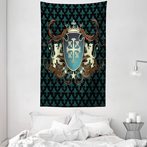 ABAKUHAUS Mittelalterlich Wandteppich und Tagesdecke, Mittelalter Wappen aus Weiches Mikrofaser Stoff Waschbar ohne Verblassen Digitaldruck, 140 x 230 cm, Zimt Schwarz Teal