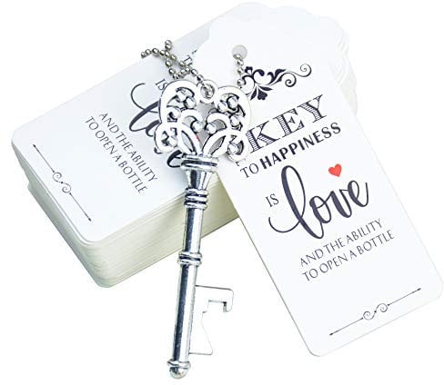 Aokbean 52pcs Vintage Skelett Schlüssel Flaschenöffner Hochzeits Geschenk Set mit Danke Tag und Schlüsselbund(Antikes Silber)