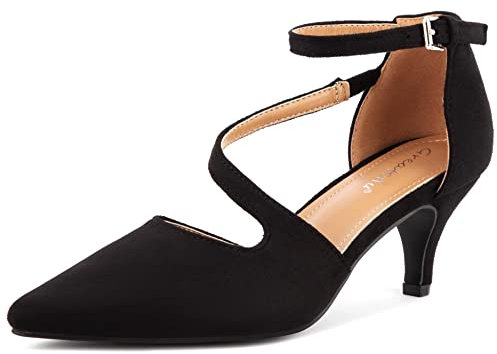 Greatonu Womens Court Shoes D'Orsay Ankle Strap Low Kitten Heel Dress Pumps Wedding Bridal Black 1 UK 6