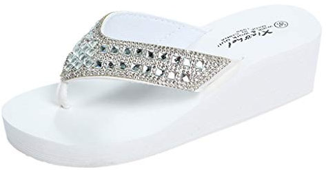 Yowablo Hausschuhe Damen Sommer Mode Strass Keile Flip Flops Lässige Strandschuhe (38,Weiß)