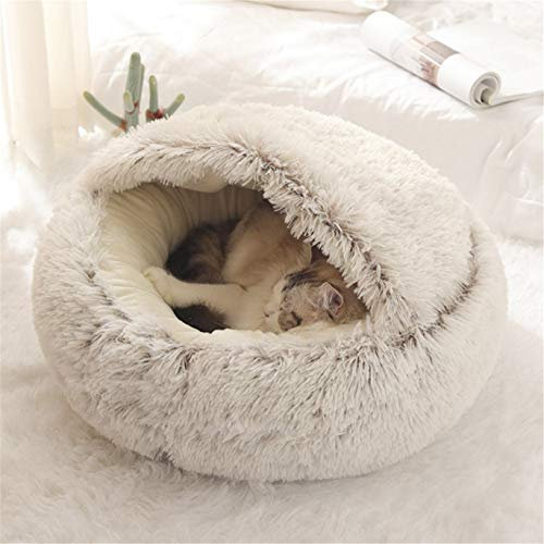 Lit Rond Moelleux pour Chat - en Peluche Douce - avec Capuche - pour l'hiver - Antidérapant - Lavable en Machin,Café,40 cm