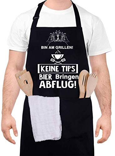upain Grillschürze für Männer Lustig Schürze Kochschürze Baumwoll Küchenschürze Verstellbarem Nackenband Zwei Fronttaschen für Herren Papa Opa-Bin am Grillen! Keine Tipps! Bier bringen! ABFLUG