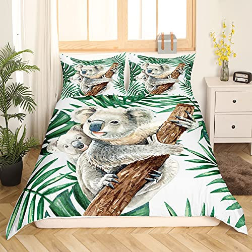 Homewish Koala Bettbezug Palme Bettwäsche Set Karikatur Tierwelt Tier Trösterbezug 155x220 für Kinder Jungen Mädchen Teenager Tropenblätter Zweig Tagesdecke Bezug Weiche Bettbezug
