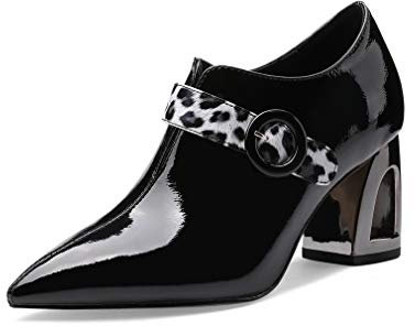 TinaCus Women's Handmade Patent Leather Pointed Toe Mid Chunky Heel V-Shaped Side Zip Up Pumps with Modern Buckle Decor, Black, 6 UK