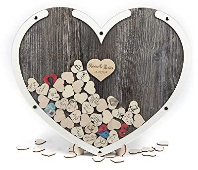 Laserano Edles Hochzeitsgästebuch, Herzform, Holz Herzchen - Personalisierbar mit Wunschgravur (Dekor Eiche Vintage - Rahmen weiß, XL - 60 x 50 cm) mit Gravurherz 12cm