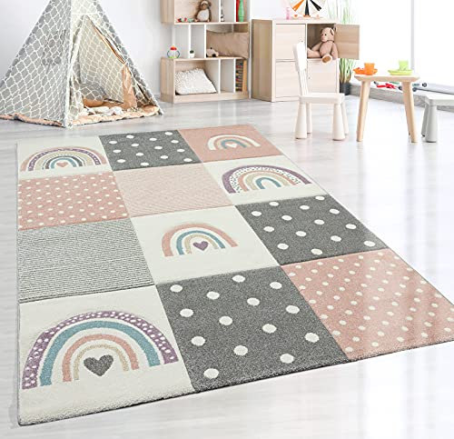 the carpet Monde Kids Moderner Weicher Kinderteppich, Weicher Flor, Pflegeleicht, Farbecht, Lebendige Farben, Regenbogen Muster, Rosa, 120 x 170 cm