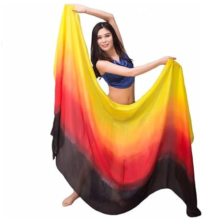 Aumulen Handgefertigter Bauchtanz-Seiden-Schal für Damen, 8 mm, abgestufte Farben, 248,9 x 114,3 cm (Schwarz Rot Gelb)