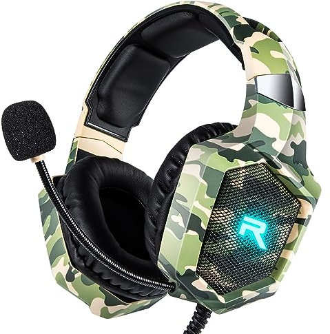 RUNMUS K8 Wired Over Ear Gaming Headphone with Surround Sound, with Mic & LED Light, Compatible with PS5, PS4, Switch, Xbox Series X|S, PC, Laptop. (Camo-Green)