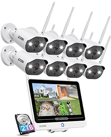 ZOSI 3MP Kit Videosorveglianza WiFi Esterno, 8CH 2TB NVR con Monitor, 8x Telecamera WiFi 3mp, Rilevamento di Persone, Visione Notturna a Colori, Audio a 2 Vie, C302