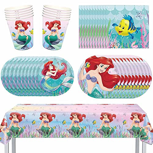 Newtic 51PCS Decoration Anniversaire Sirene, Ariel Anniversaire Fête vaisselle, Deco Anniversaire ariel la petite sirene, Avec Assiettes, Serviettes, Tasses, Nappe pour Anniversaires à Sirène Thème