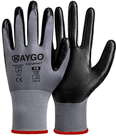 KAYGO 6 Paar Arbeitshandschuhe mit Glatt Nitril Beschichtung, KG12N, Schutzhandschuhe mit gutem Griff für Herren Damen, ideal für Allgemeine Zwecke Garten Bau Lager Auto Montage (Schwarz, S, Gr 7)
