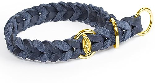 CopcoPet Hundehalsband Würger 55–60 cm x 25mm Marineblau – Geflochtenes Halsband mit Zugstopp & Messing Ring – Aus robustem Fettleder – Für große Hunde – Weiches Lederhalsband fürs Training