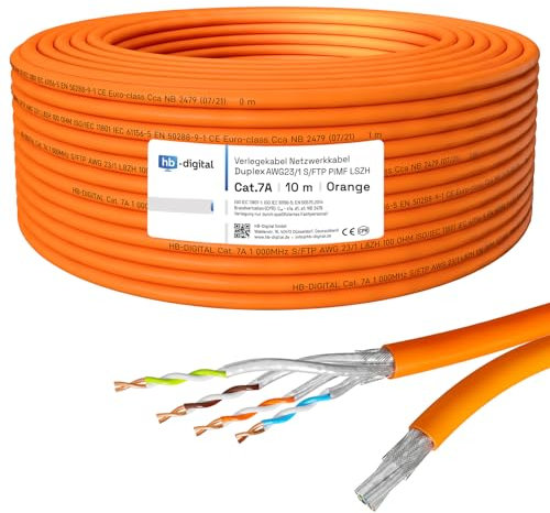 HB-DIGITAL 10m Netzwerkkabel LAN Duplex Verlegekabel Cabel cat.7a max. 1200MHz Reines Kupfer S/FTP PIMF LSZH Halogenfrei RoHS-Compliant AWG23 (2 verbundene Strängen) Orange