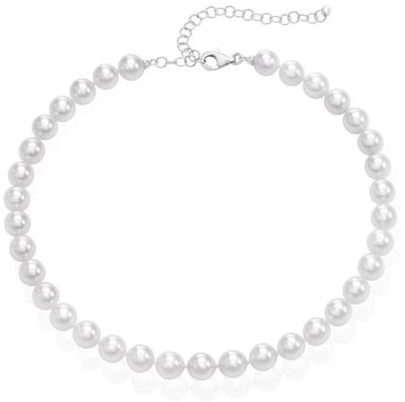 REQAG Perlenkette Damen Weiße Perlen Halsketten für Frauen und Mädchen Kurze Runde mit 12 mm Perlen Schmuck