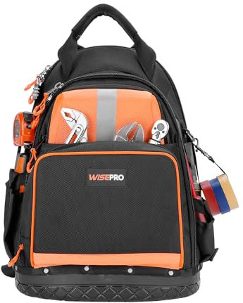 WISEPRO Werkzeug-Rucksack, robuster Handwerker-Rucksack mit geformtem Boden, Werkzeug-Organizer für Elektriker, Bau- und Wartungsarbeiter