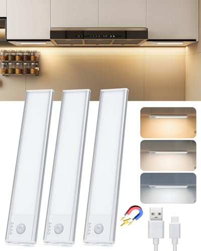 Aigostar Luz Armario con Sensor de Movimiento y Batería Recargable, LED Cocina Bajo Mueble 1100mAh, Brillo y Color Ajustables, con Cable USB C, Luz LED Adhesiva y Magnética 20.4cm, 3pcs