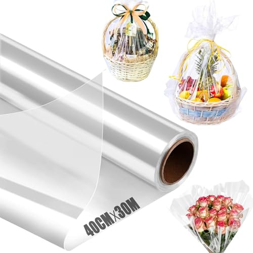 Mbsomnus 40cmx30m Geschenkfolie Transparent Rolle Groß Cellophanfolie Wasserdicht Durchsichtiges Geschenkpapier Folie Geschenkpapier Transparent für Hochzeit Blume Leckereien Wrap Geschenk Baskt