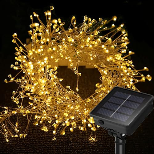 SHANJIA Solar Firecracker Lights, 8 Mode LED Waterproof Cluster Lights Copper Wire Cluster Fire Crackers Garland Fairy Lights Garden Wedding Christmas Party Decorations (Warm White, 29.5Ft 300 LED)