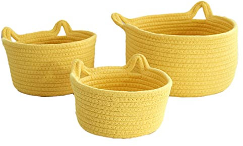 Blausky 1 Stück Baumwollseil-Aufbewahrungskorb,Korb Aufbewahrung,Körbe Geflochten mit Katzenohren,Tapelbare Multifunktionelle Organizer Körbe,Wickeltisch Organizer,für Kinderzimmer Bad,Gelb,M 21x12cm